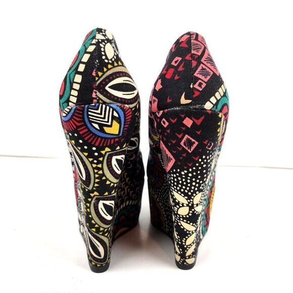 Lovely People African Print Ankara Fabric Round Toe Wedges 6" Pumps Heels sz 7 - Picture 4 of 8